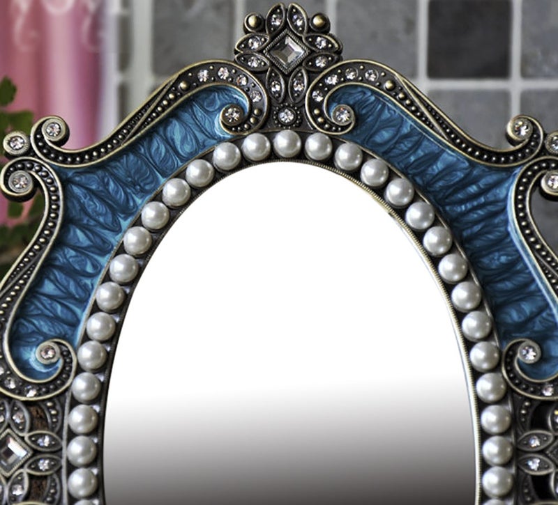 Nerien Vintage Vanity Tabletop Mirror, Metal Oval Decorative Makeup Stand, Antique Table Cosmetic, Coquette Countertop Desk Dresser for Home Bedroom Bathroom (Blue, S) - Image 3